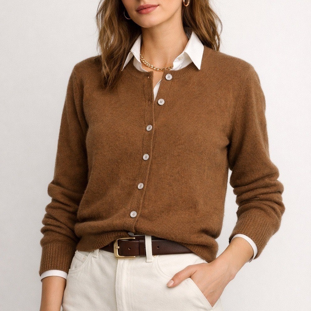 Braemar Phelps Terkel Vintage Cashmere Cardigan Brown Made in Scotland Crew Neck